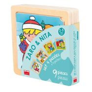 Lot 4 puzzles de 9 pièces en bois sur plateau en bois