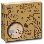 Lot 9 tampons bois thème les animaux de la savane + 1 recharge tampon noir