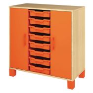 Meuble bas Confetti avec pieds - 8 bacs et portes bouleau/orange