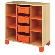 Meuble bas Confetti avec pieds et 4 bacs bouleau/orange