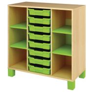 Meuble bas Confetti avec pieds et 8 bacs bouleau/vert