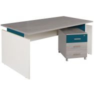 Pack Linéo bureau droit 120 + caisson 3 Tiroirs Chêne gris Blanc/Bleu argile