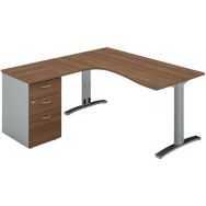 Pack bureau asymétrique 180 pieds Dalia +caisson HB retour gauche Noyer/Alu