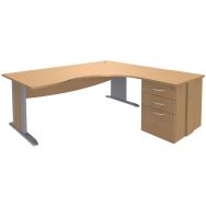 Pack bureau asymétrique 180cm pied L+caisson HB Quatuor Retour droite Hêtre/alu