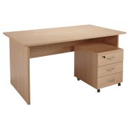 Pack bureau droit L.140 cm Alpha pieds panneau + caisson mobile 3 tiroirs Hêtre