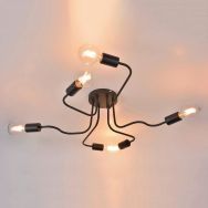 Plafonnier 6 lumières base ronde en métal peint noir
