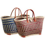 Sac à double anses coloré en cuir et en jonc