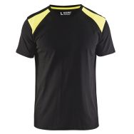 T-shirt noir/jaune fluorescent, col maille côtelée