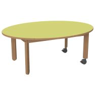 Table Lili avec roulettes piétement hêtre, T3, plateau ovale 120x90 vert