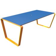 Table TINY rectangulaire 152 cm plateau HPL bleu structure métal jaune 1033