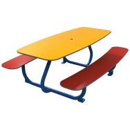 Table bancs TINY 150 cm assise/plateau rouge jaune HPL structure métal bleu 5017