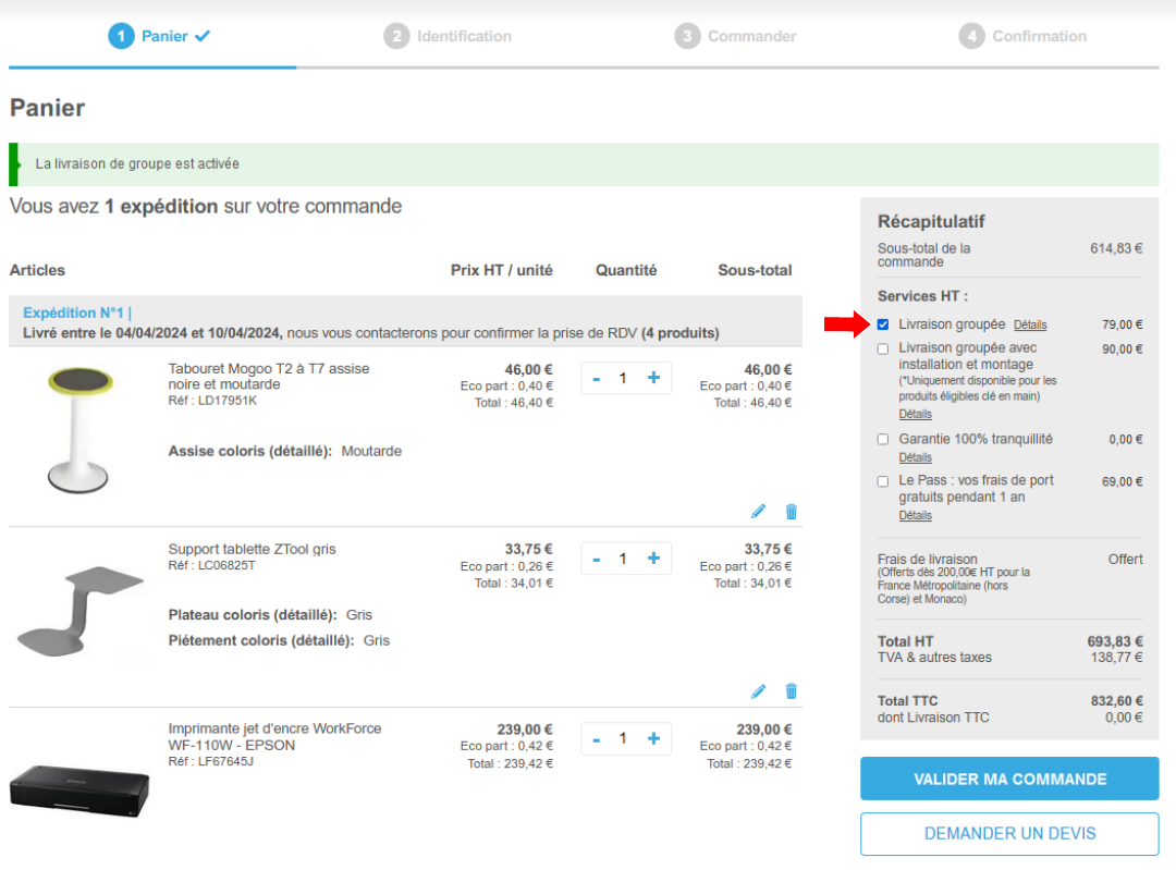 Choix service Livraison groupée